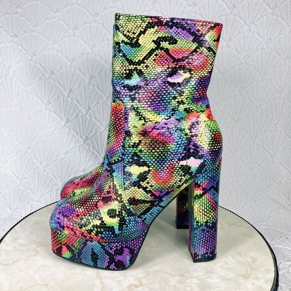 Liliana Platform Boots Womens Size 7 Rainbow Snakeskin Print Disco Zip Up Heels - Picture 6 of 14